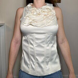 Vintage Bridal Cream Silky Sleeveless Blouse Stacked Ruffle Neckline Sz Small